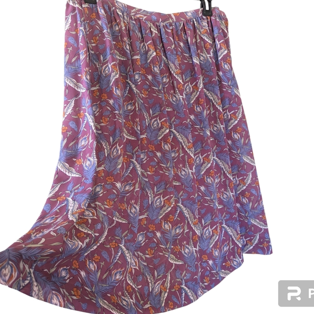 Vintage Skirt Semi Sheer Purple Lavender Feather Pleated Floral Orange M L
